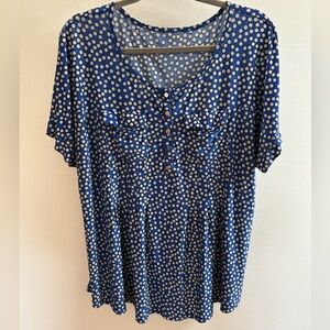 Blue With White Polka Dot Scoop Neck Blouse 2X